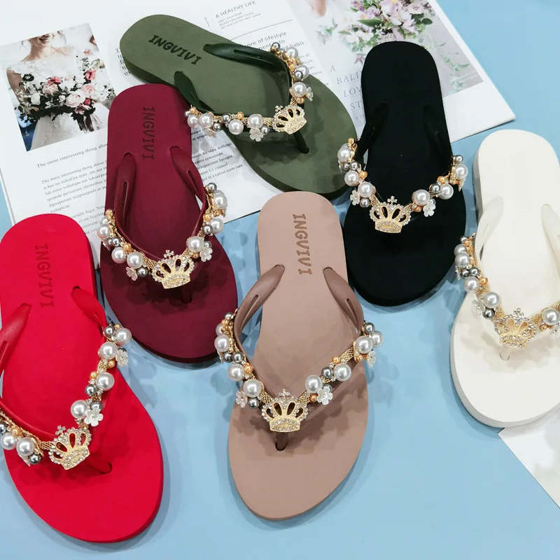 Summer Women Flip Flops Beach Vacation Slippers Pearls Sides Sandals 1.5 CM Flat With Soft Casual Shoes For Female