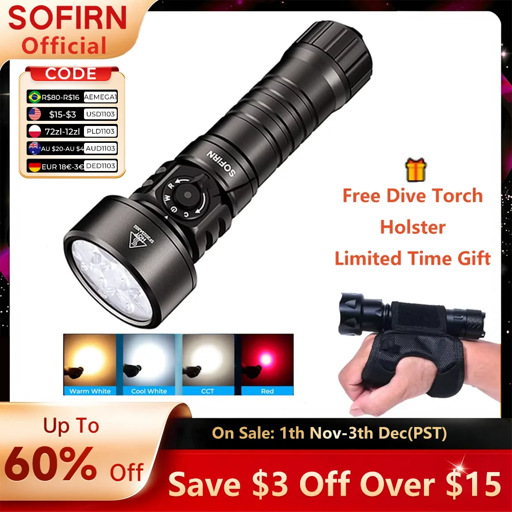 SOFIRN SD11 5000lm Scuba Diving Flashlight 224m Red LED Light 7500mah USB C Rechargeable Adjustment with Warm Torch