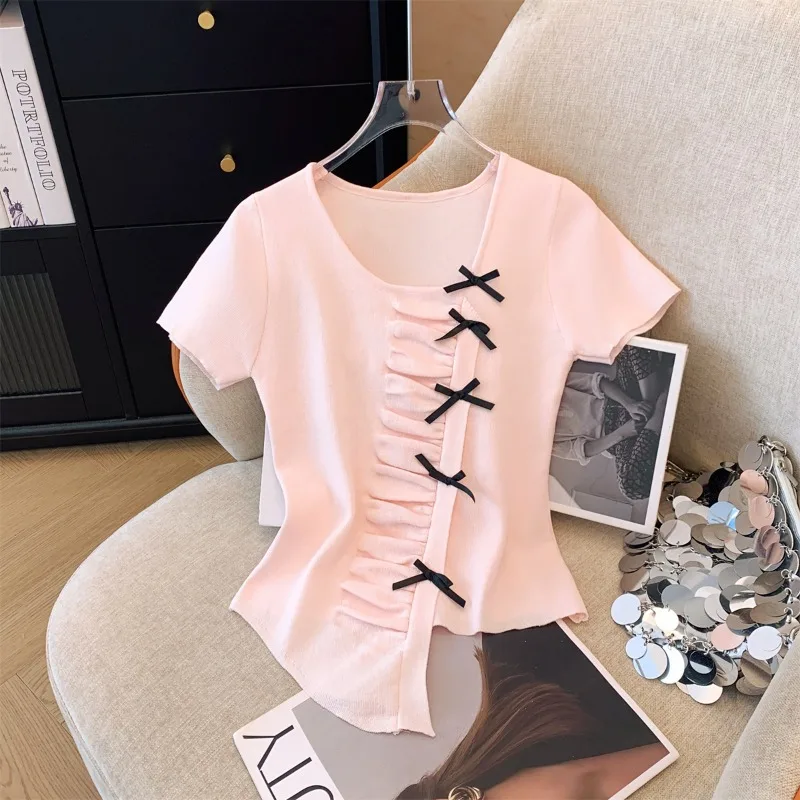 

Irregular Short Slim Fit T-shirt for Women's Summer New Design Feeling Slimming New Chinese Style Knitting Top Female Clothing