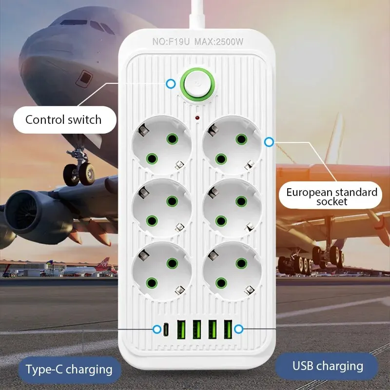 EU Plug Power Strip 2M Extension Cable Multiprise 6AC Outlets Electrical Socket with 4 USB 1 Type-C Network Filter Fast Charging