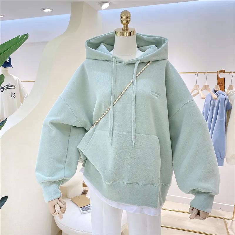 Women\'s Fresh Mint Green Plush Pullover 2023 Autumn/Winter New Ladies Spliced Letter Embroidery Thickened Loose Hooded Sweater