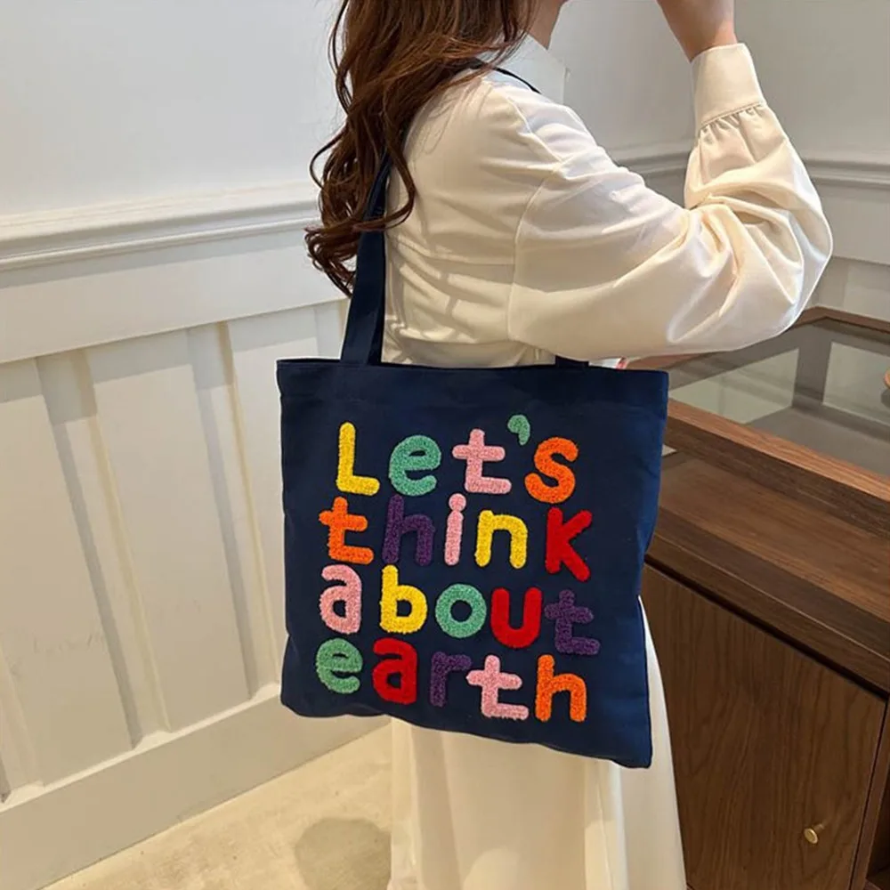 

Vacation Canvas Shopping Bag with Inner Bag Colorful Letter Letter Embroidery Handbag Eco Friendly Large Capacity