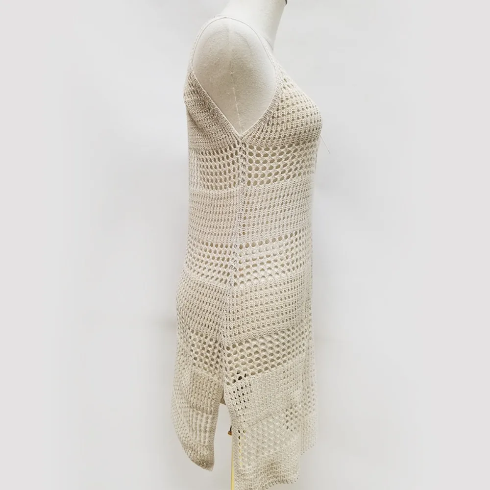 

Elegant Beige Plaid Sheer Cover Solid Color Hollow-Out Beach Knitted Dress See-Through Sleeveless Bikini Cover-Ups Beach