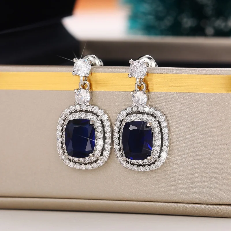 Huitan Noble Blue Cubic Zirconia Wedding Earrings for Women Brilliant CZ Graceful Female Ear Dangle Accessories Fashion Jewelry