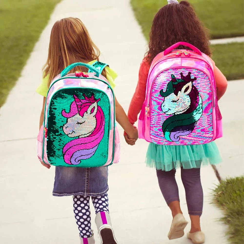 BIKAB Unicorn School Bag Double Sided Sequin Backpack Set Lightweight Kawaii Backpack Girl Backpack School Supplies for Girls