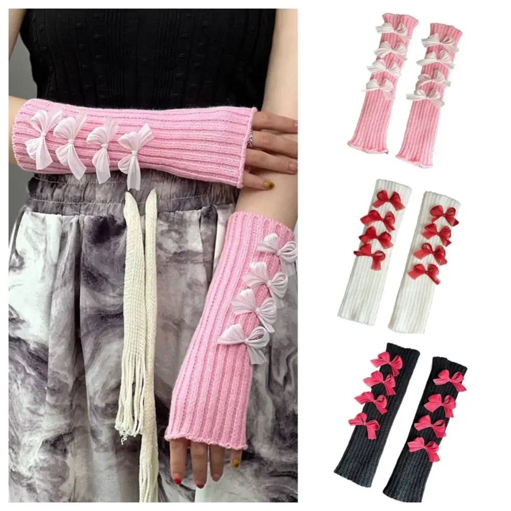 

Elastic Solid Color Bow Knitted Gloves Y2k Gothic Wool Sleeve Cuff JK Keep Warm Fingerless Gloves Winter