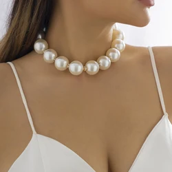 Exaggerated Trendy Big Imitation Pearls Necklace for Women Young Girls Wedding Bride Beads Crystal Chain Aesthetic Jewelry Gifts