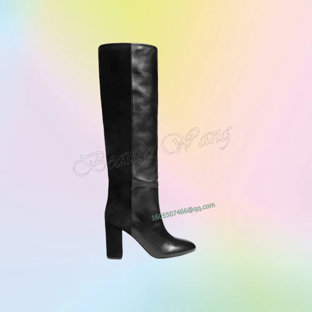 

Black Patchwork Chunky Heel Knee Boots Pointed Toe Slip on Square Heel Shoes for Women High Heel Fashion New Zapatillas Mujer