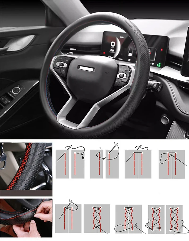 Leder-Lenkradbezug zum Aufnähen, passend für 38 cm (14 Zoll), DIY-Lenkrad, atmungsaktiv und rutschfest, Autoprodukte – Detail 12