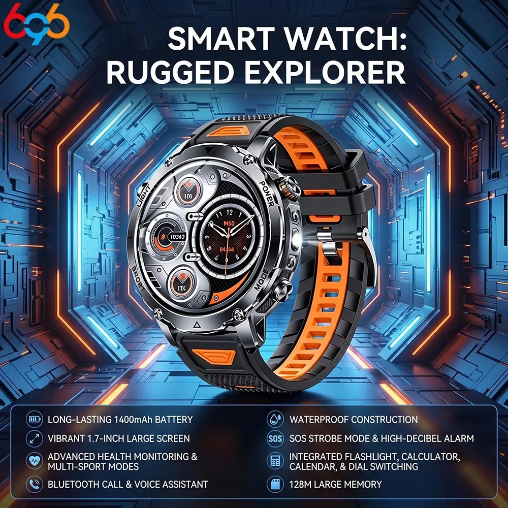 Men Outdoor Military Smartwatch  1100mAh Battery  BT Call  Flashlight  Waterproof  Heart Rate Monitor & SOS Alert