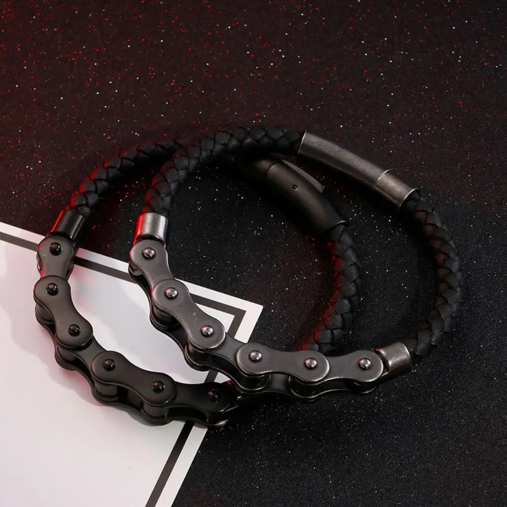 Retro Metal Motorcycle Chain Bracelet Trend Punk Leather Braided Rope Bracelet Personality Metal Buckle Bike Chain Bracelet Men