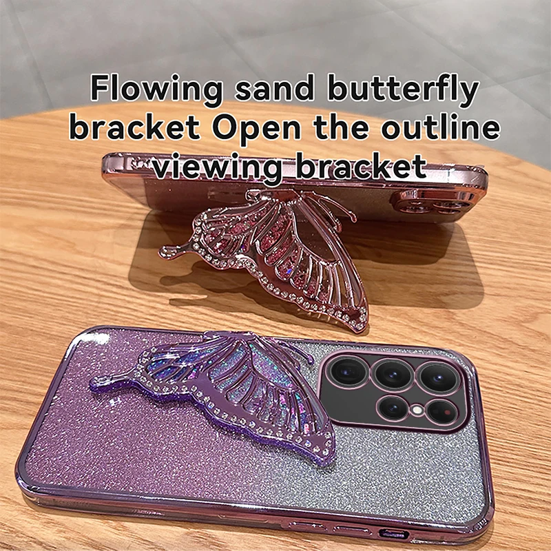 3D Liquid Sand Butterfly Phone Holder Glitter Plating Case for Samsung Galaxy S24 Plus S23 S22 Note 20 Ultra 10 S21FE S20 S10 S9