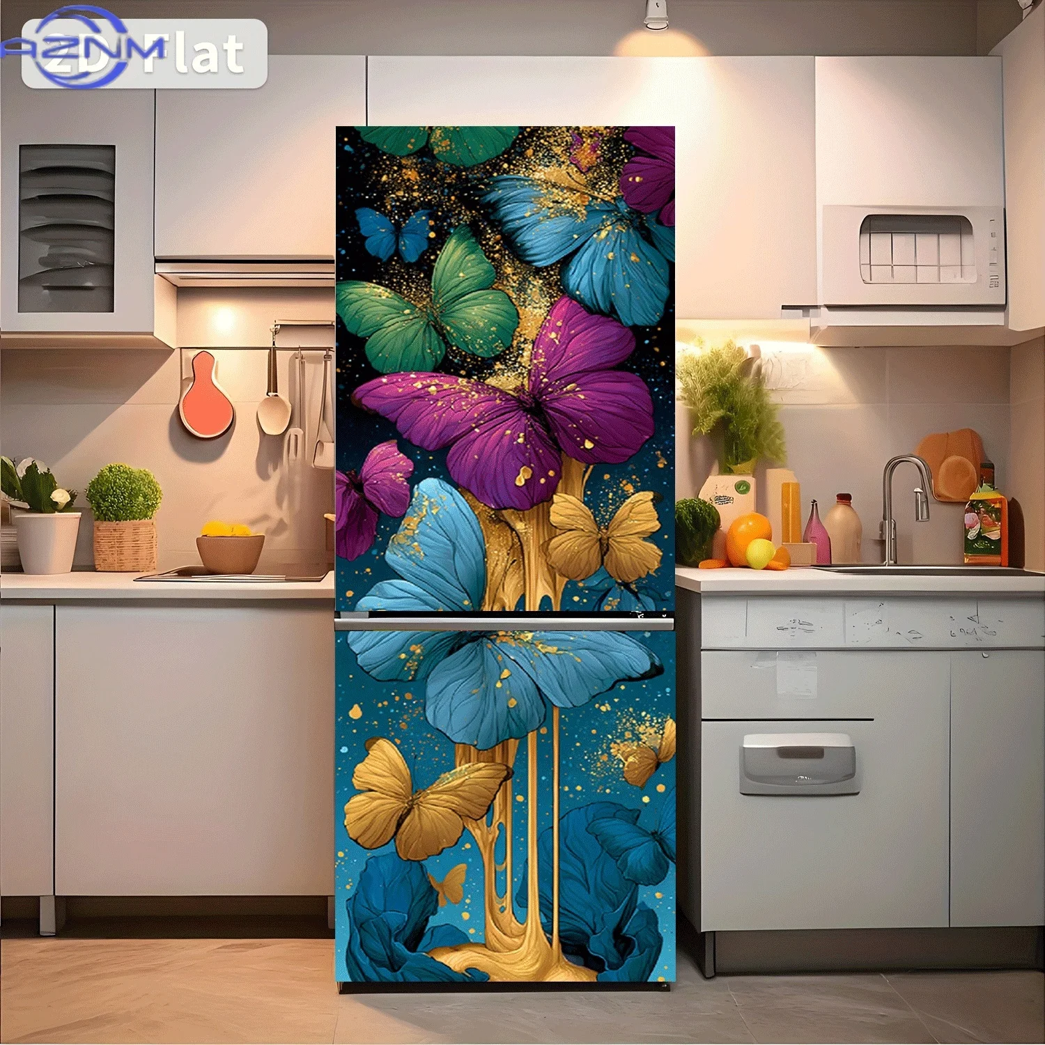 [2D Flat Printing] 1pc Refrigerator Sticker Gilded Butterfly Dance Theme Design Wall Decoration Self-Adhesive Suitable for Cab