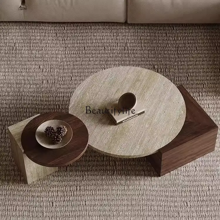 

Wabi Sand wind travertine size round coffee table combination living room home light luxury high-end creative side table