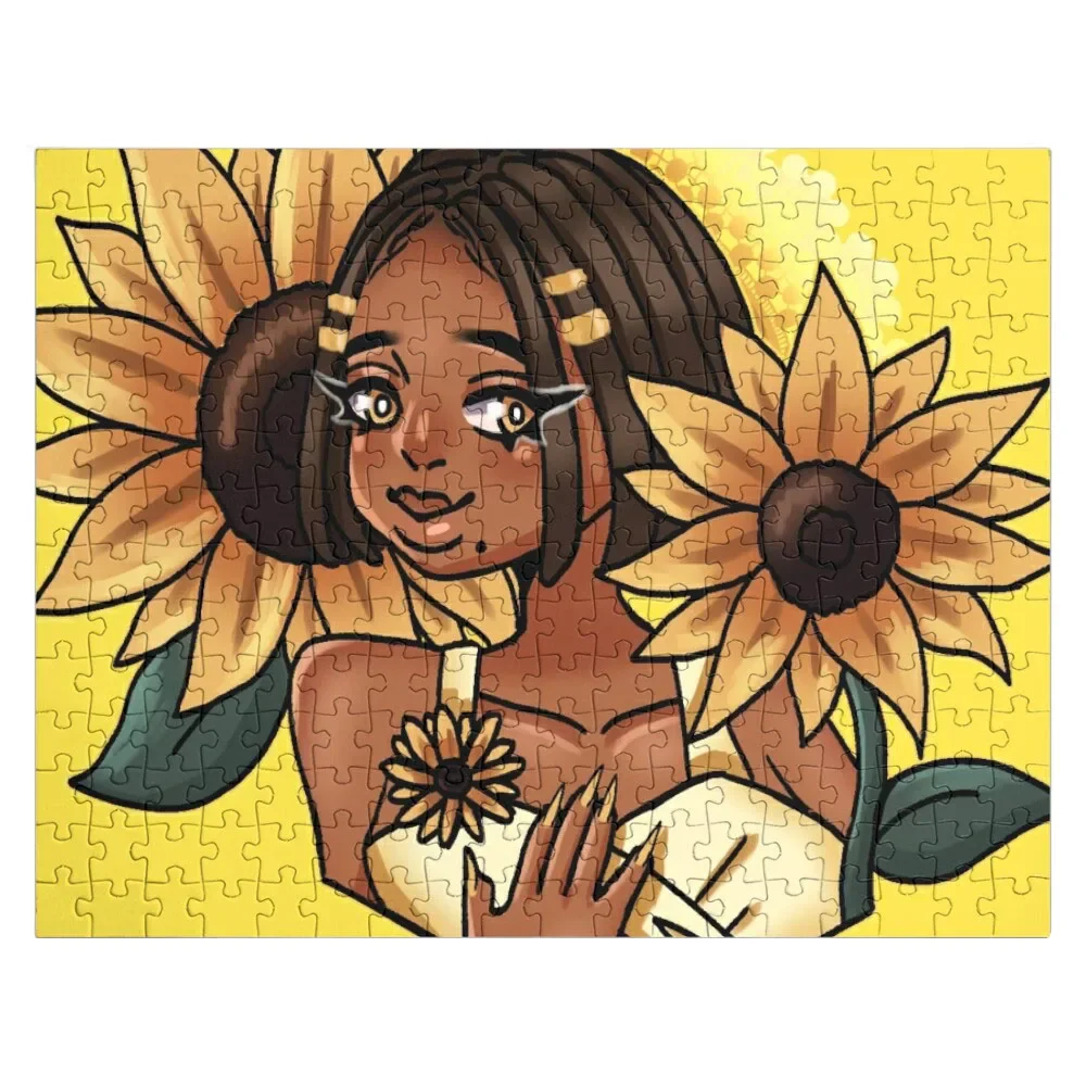 

Black Sunflower Girl Jigsaw Puzzle Custom Wood Customizable Gift Puzzle