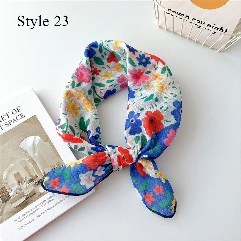 Cotton Linen Small Square Scarf Floral Print Neck Scarf Headscarf Tulip Flower Hair Band Women Headband Neckerchief Bandanas