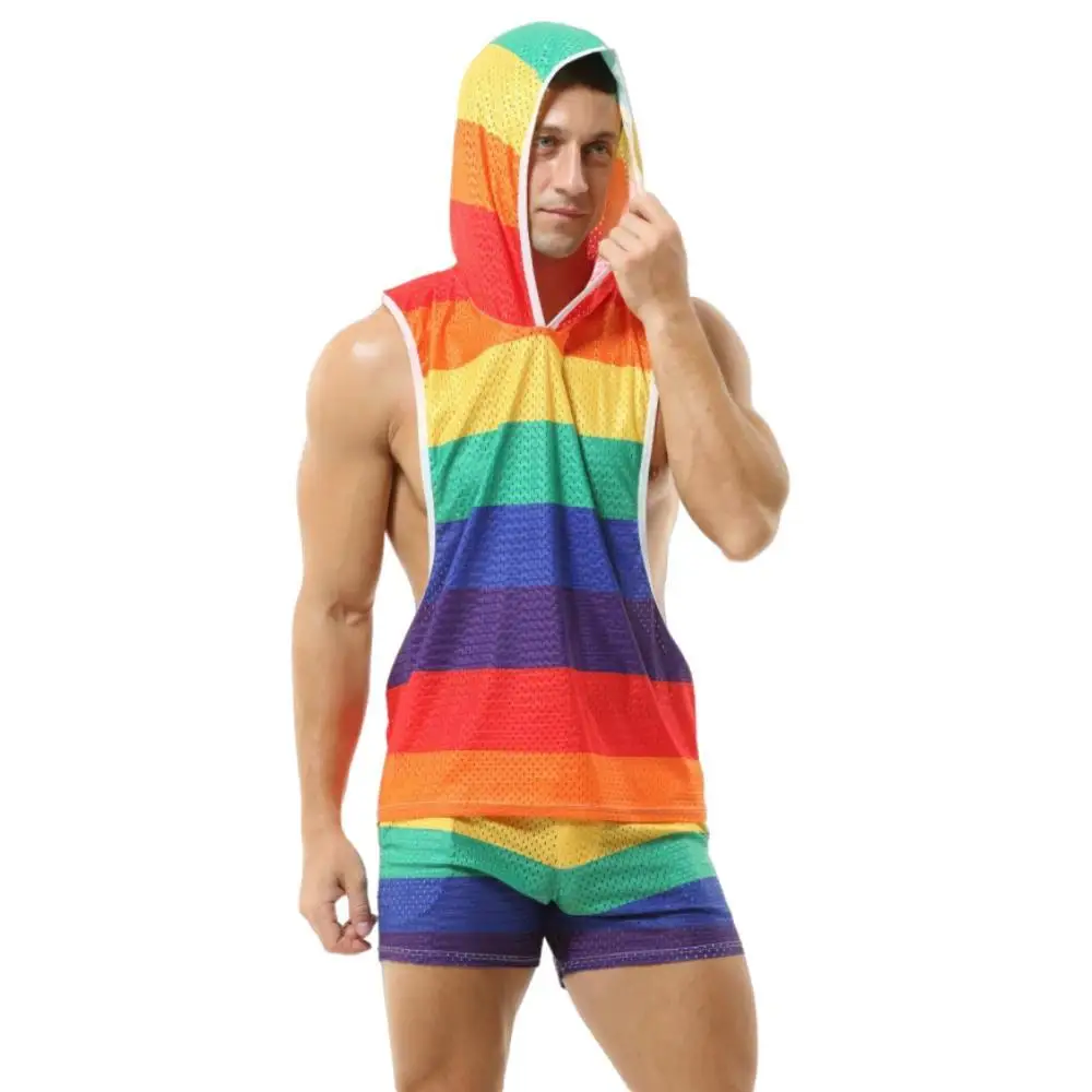 Rainbow Breathable Mesh Men's Gym Tank Top Hooded Sleeveless Shirts Bodybuilding Fitness Singlet Shorts Set Sportswear