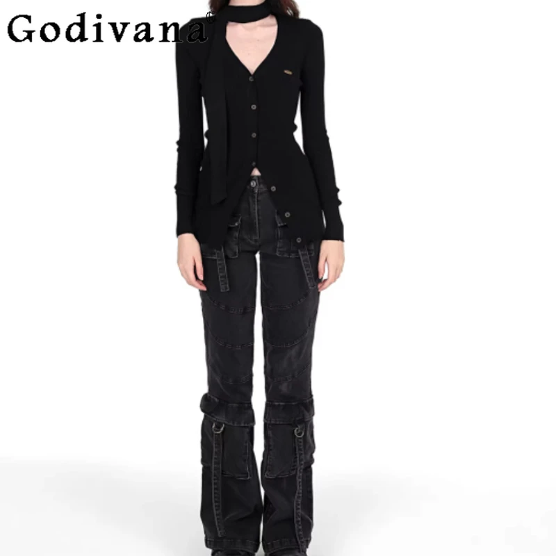 

Модные эластичные серые, черные джинсы в стиле панк с несколькими карманами, универсальные удобные уличные брюки для девочек