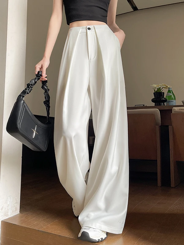

Элегантные свободные струящиеся белые брюки-костюмные штаны, лето 2026, новинка, большие размеры, женские повседневные прямые брюки с высокой талией, длинные брюки