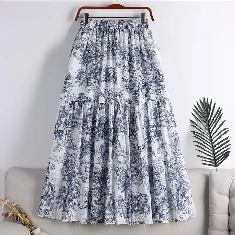 Chinese Antique Ink Painting Printed Long Skirts Cool Touch Blend Large Swing Boho Skirt