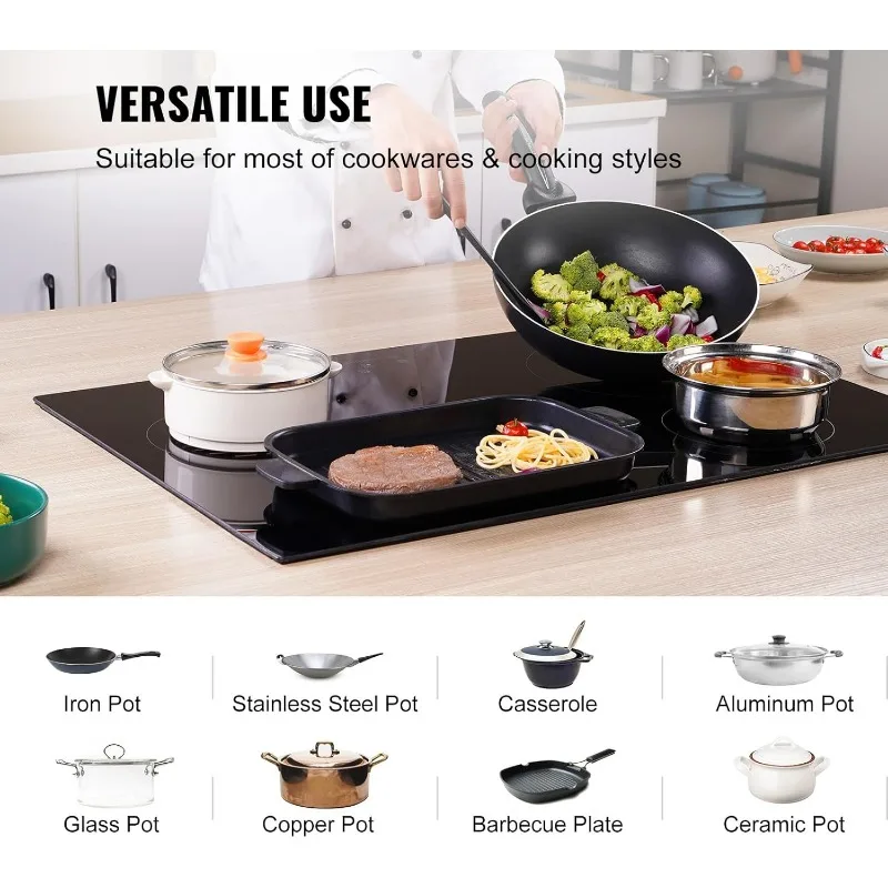 VEVOR Elektrisch fornuisblad 30 inch, 4 branders elektrische kookplaat, 9 vermogensniveaus en sensor-aanraakbediening, gemakkelijk schoon te maken keramisch glas