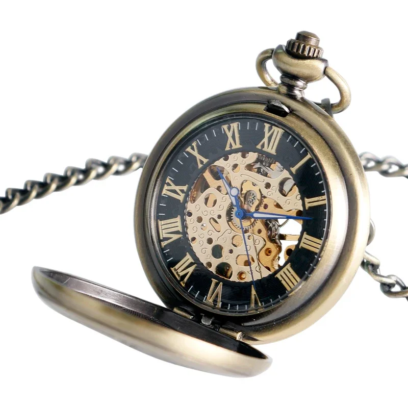 Bronze Hand-wind Mechanical Pocket Watch for Men Women Hollow Phoenix Design Roman Numeral Dial with Pendant Chain Clock