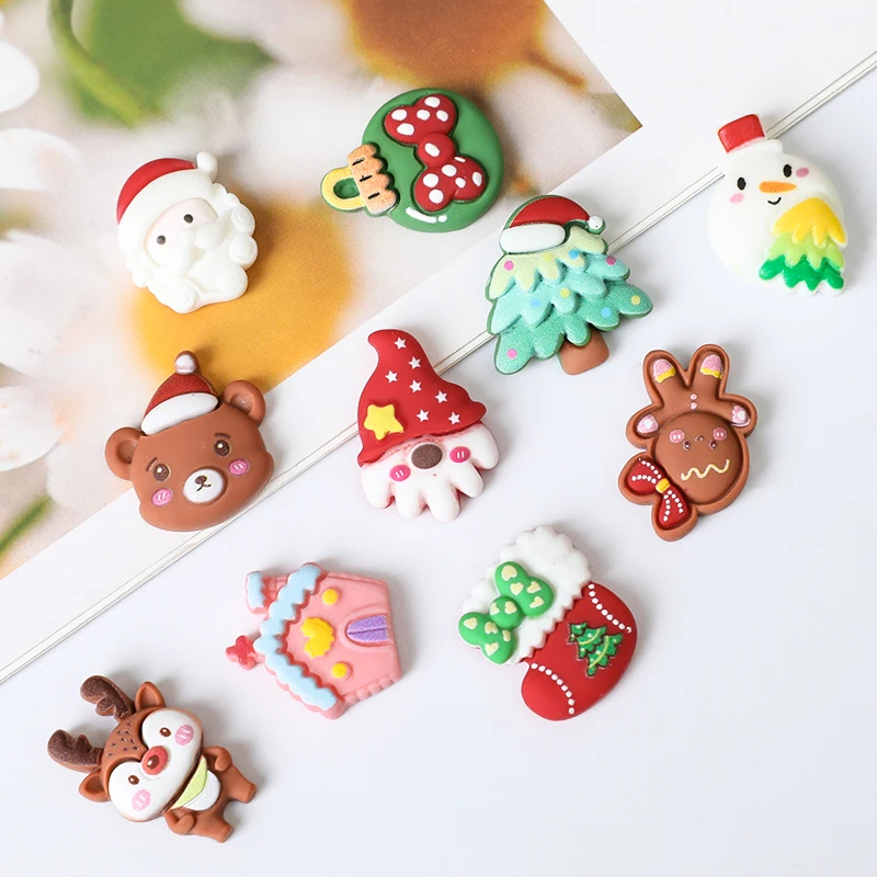 10Pcs Christmas Cartoon Resin Accessories Santa Claus Flatback Ornaments Xmas DIY Hairwear Jewelry Craft Scrapbook Phone Decor