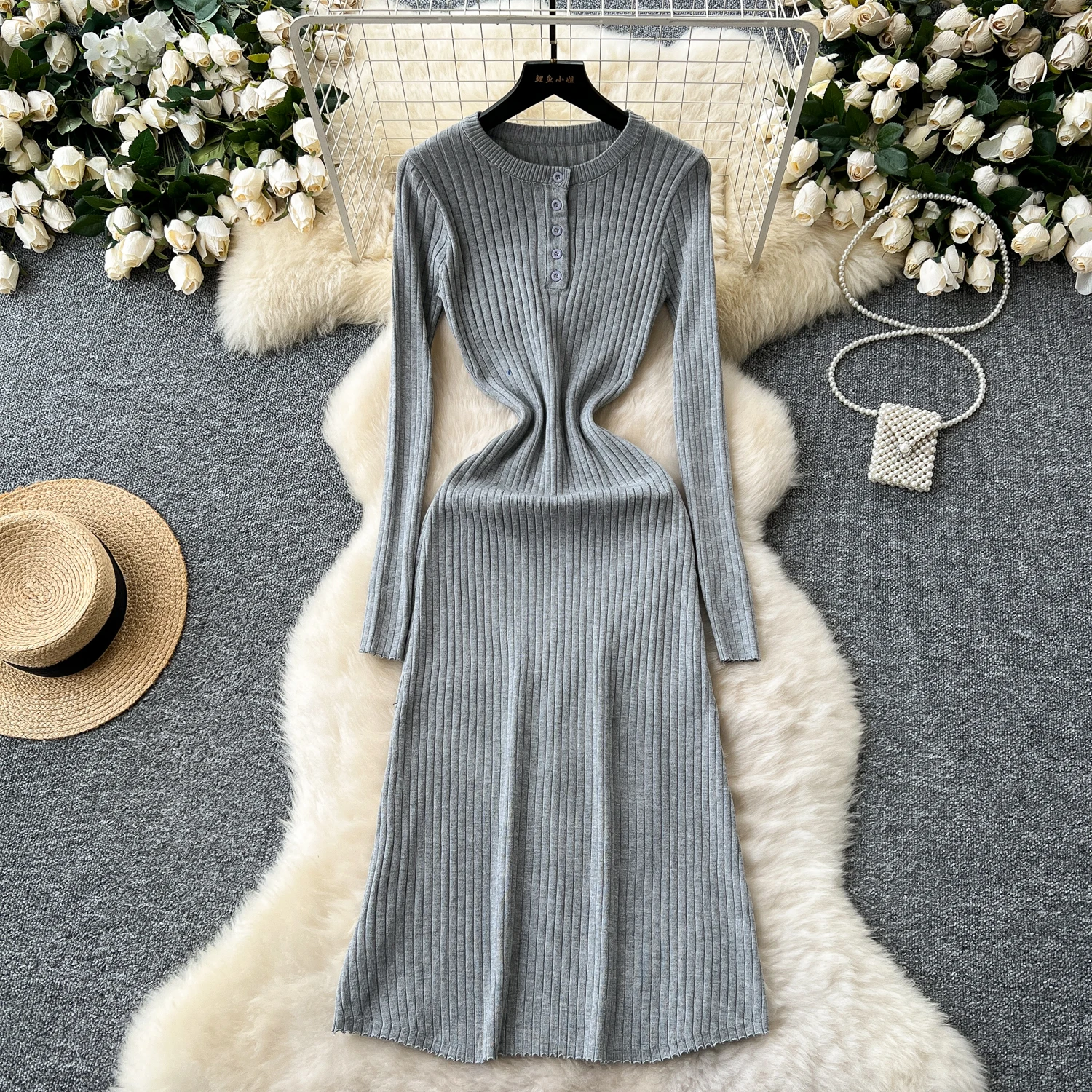 

Элегантное ретро-платье с круглым вырезом и пуговицами, вязаное плиссированное повседневное платье с длинными рукавами и высокой талией, женское осеннее платье