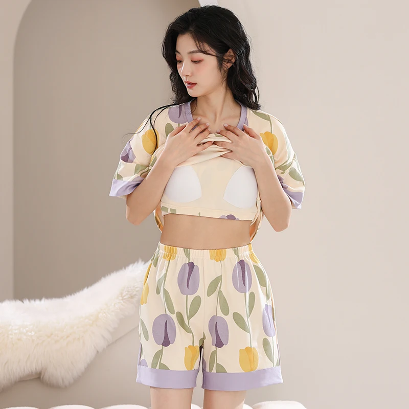 Summer Cotton Pajamas for Women Short Sleeves Shorts Chest Padded Pajama Sets Sweet Girl Sleepwear Round Collar Homewear