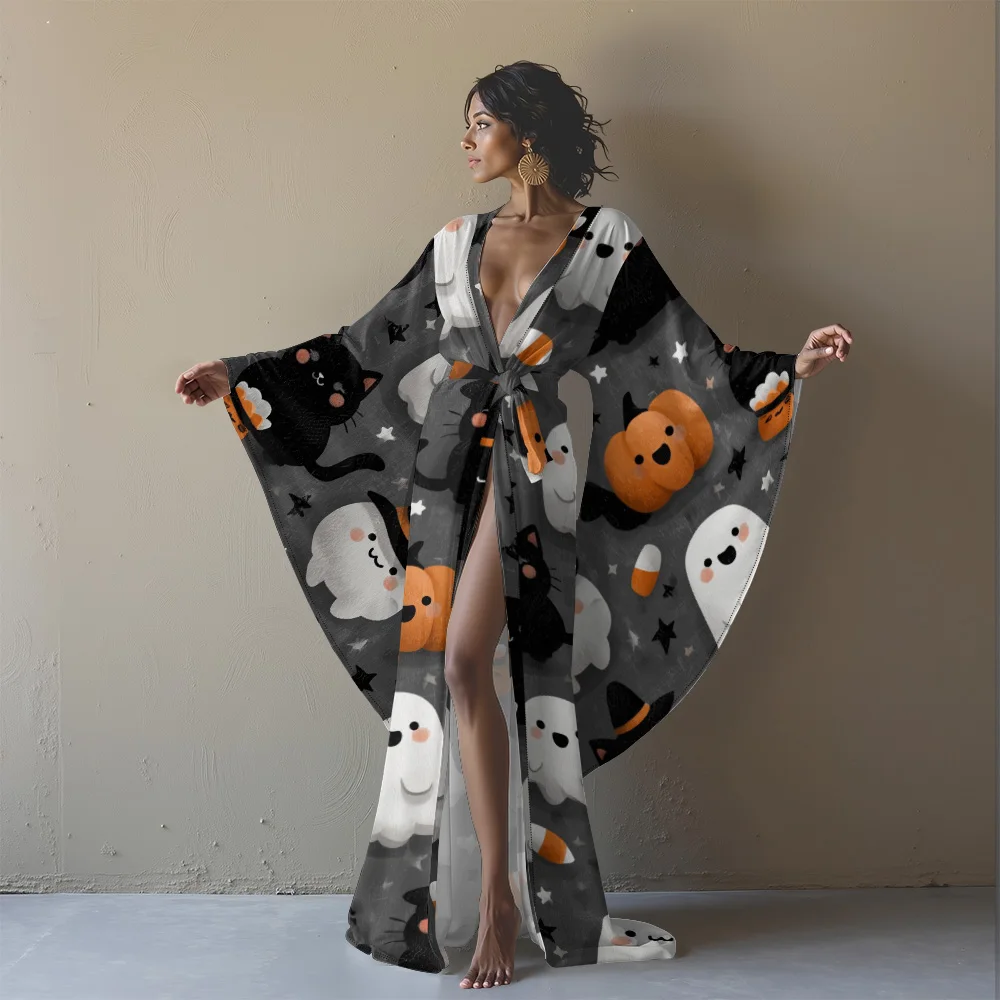 Halloween-Kimono-Robe für Damen mit niedlichem Geister- und Kürbismuster, Strand-Vertuschung, Party, Kostüm, Festival, Urlaub, Resort-Kleidung