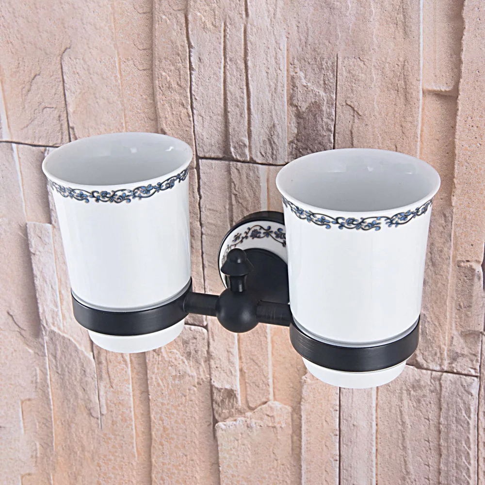 Ceramic Tooth Mug Tooth Gargle Cup with Oil Rubbed Bronze Holder Wall Mounted, with Two Ceramic Cups Nba766