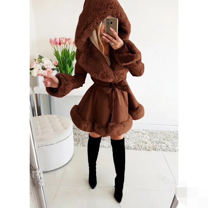 Hooded Long Sleeve Mid Length Belt with Coat Jackets Regular Sleeve Sweet and Fresh Professional Commuter Chic Women Jacket