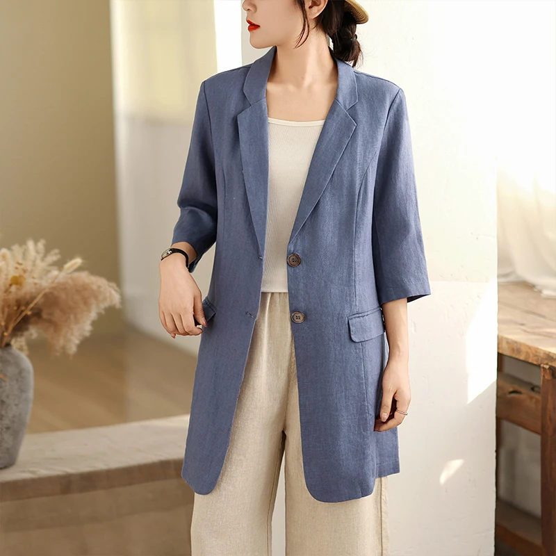 كاجوال Sle قطن كتان ort Sve متوسط الطول للنساء لون أزرق تصميم Blo زر إغلاق لون نقي