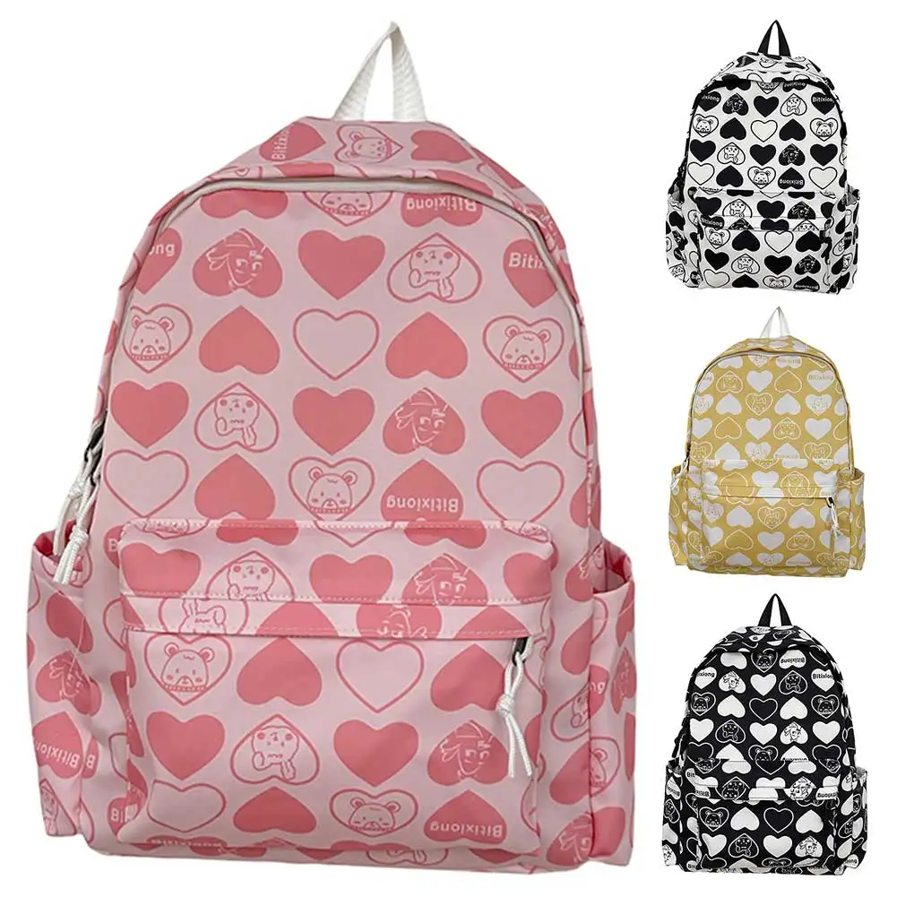 Daypack for Students Heart Pattern Shoulder Bag Nylon Adjustable Strap Large Capacity Rucksack