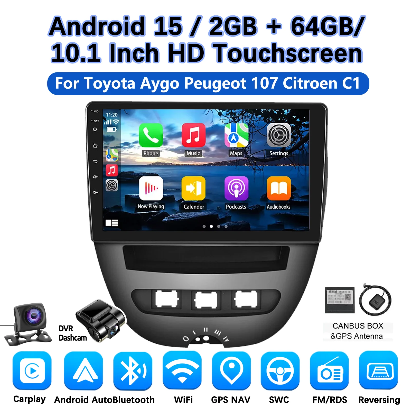 MOPECT 10'' Draadloze CarPlay Autoradio voor Toyota Aygo 2004-2014/PEUGEOT 107/Citroen C1 Android GPS Autoradio FM AM BT DAB+ DVR