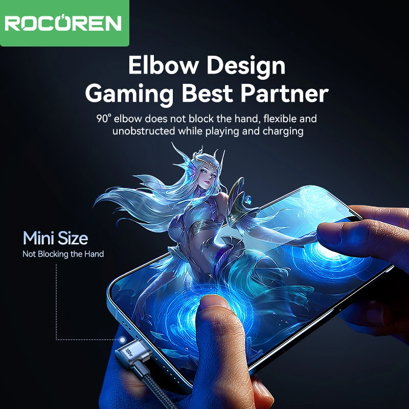 Rocoren USB Type C Cable 90 Degree Elbow Type-C USBC PD100W Fast Charging Cable For iPhone 15 Pro Max Samsung Xiaomi Data Wire