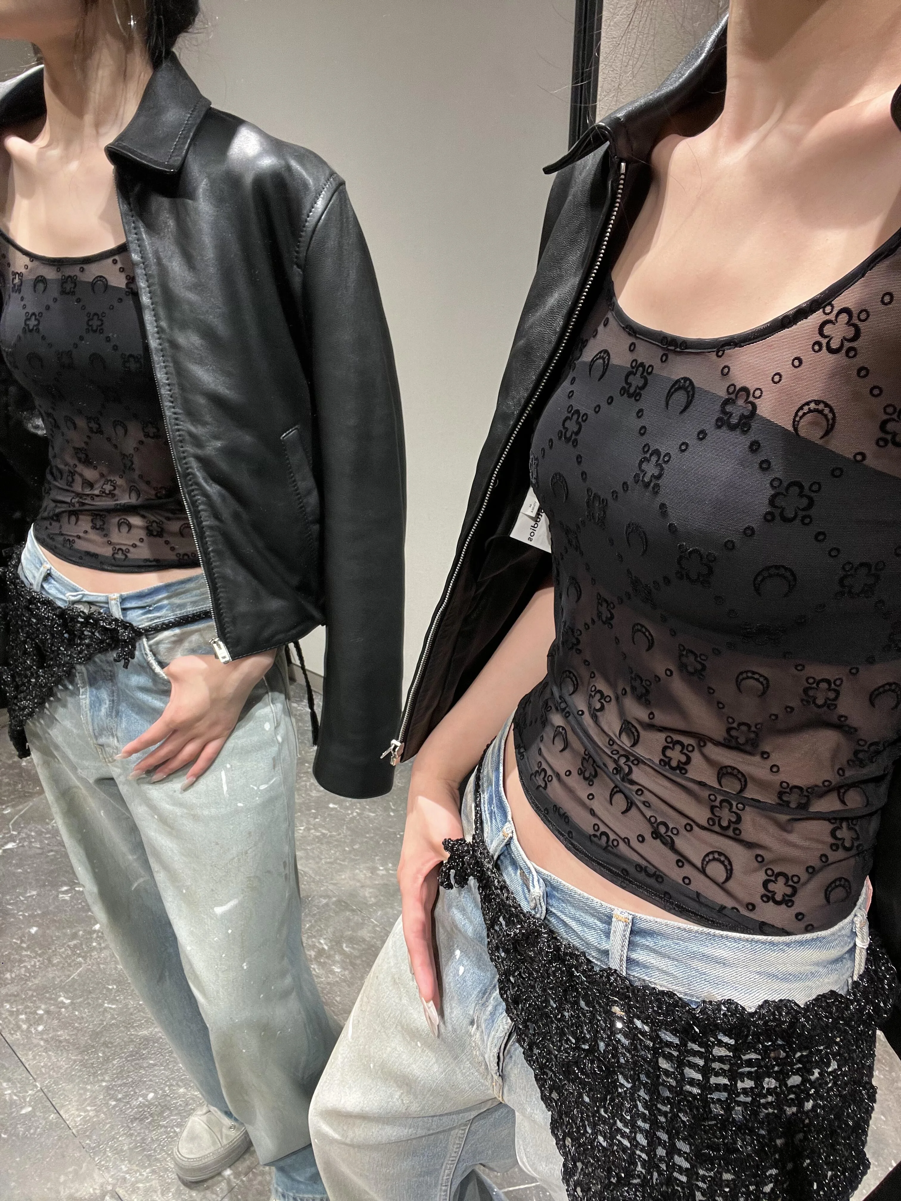 

Flocking Mesh See-through Short-sleeved T-shirt Women's Slim-fit round Neck Base Shirt Spring Summer Sexy Casual Style