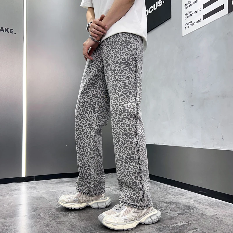 2024New Leopard Print Jeans Men's High-End Trend Fashion Street Personality Party Casual Loose Straight-Leg Wide-Leg Pants