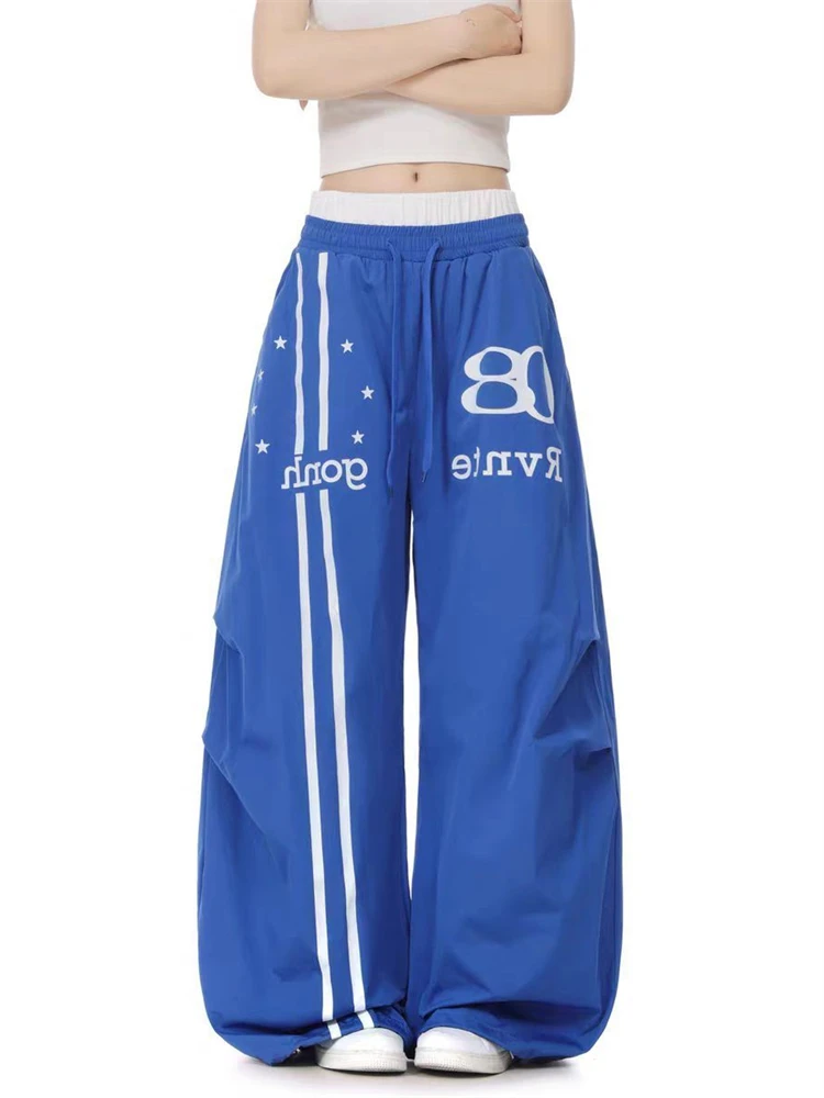 Women's Splicing Contrasting Color Thin Sweatpants Summer Pants Unisex Wide-leg Casual Bottoms Female High Waisted Trousers
