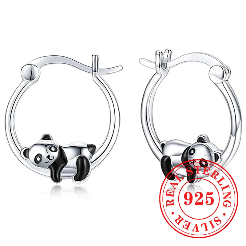 Huitan-pendientes de aro de Plata de Ley 925 para mujer, aretes de Panda negro, accesorios creativos para la oreja, joyería versátil de lujo, regalos para adolescentes