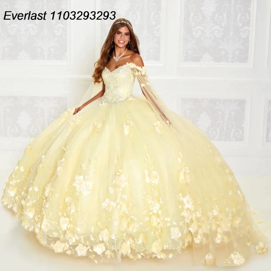 EVLAST-Vestido Quinceanera com Corset Cape, vestido de baile roxo, 3D Flower Lace Applique Beading, Sweet 16, TQD201