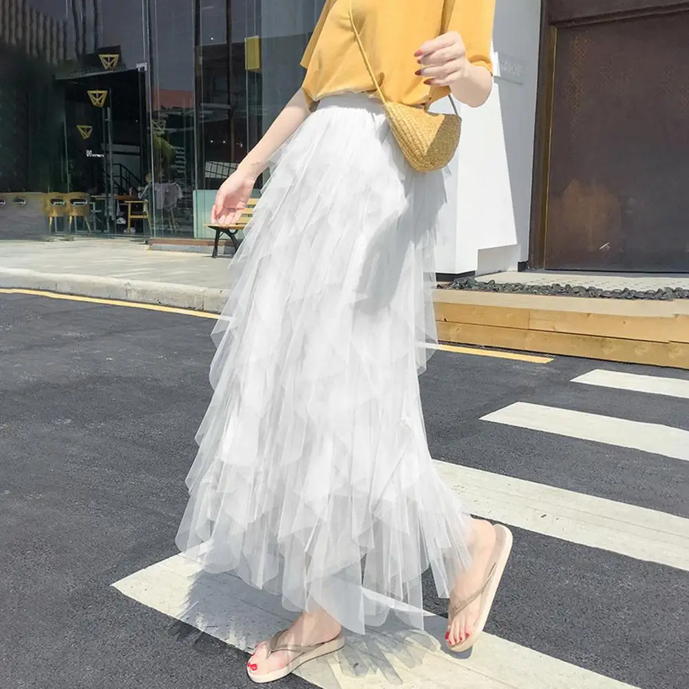 Flowy High Waist Skirt High-waisted Midi Skirt Women’s High Waist Midi Skirt Elastic Mesh Yarn Long Solid Color Flowy Hem Cake
