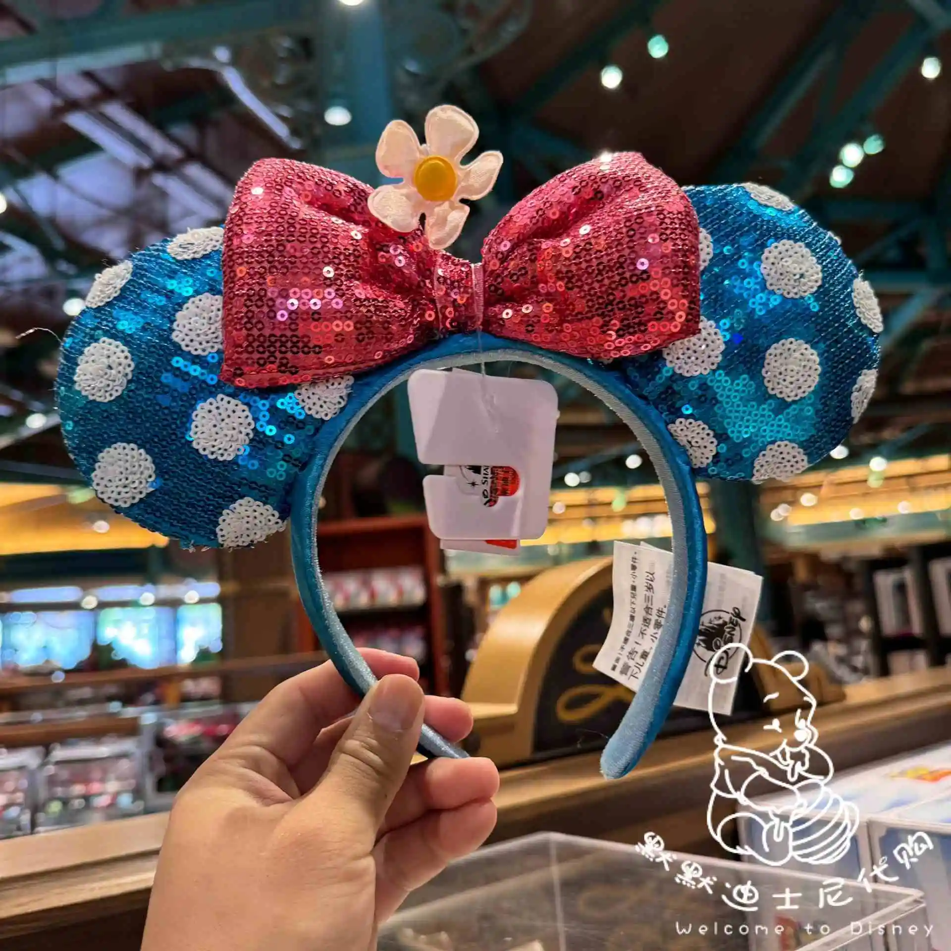 Original Disney Minnie Mouse Headband Cartoon Red Flower Bow Pu Leather Shanghai Disneyland For Adult Children Headwear Gifts