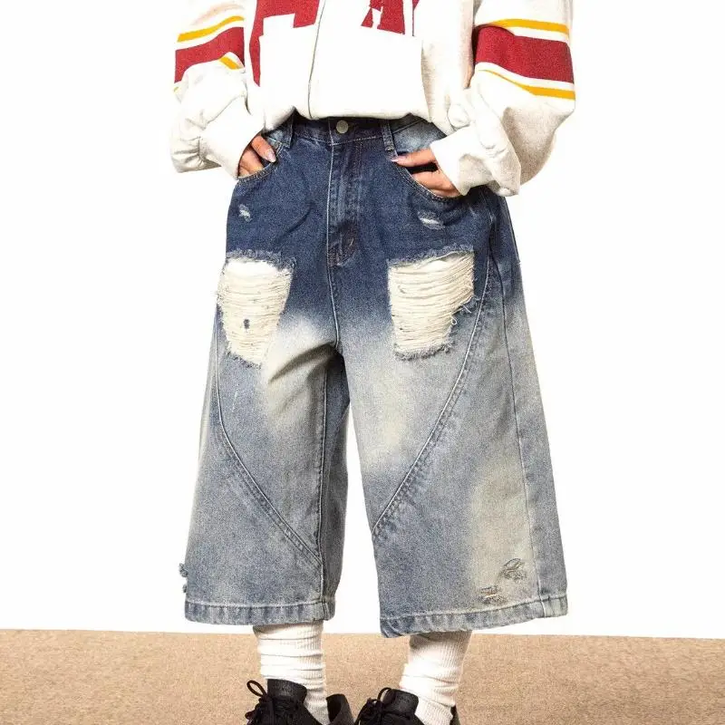 New Arrival Women Denim Shorts In Vintage Style Gradient Hole High Waist Wide Leg Korean Fashion Washed Capris