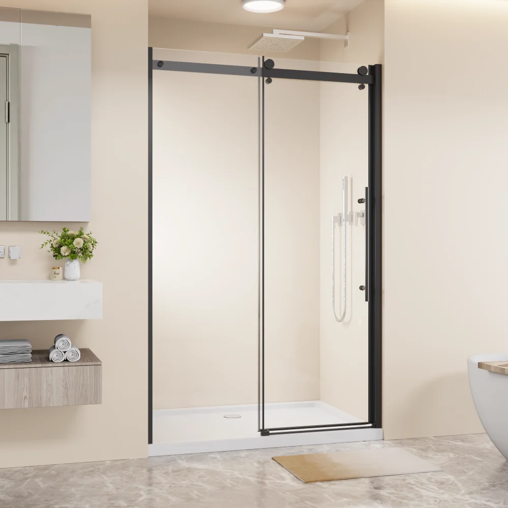 

48W×72H Frameless Single Sliding Shower Door:1/4" Clear Tempered Glass,Zinc Roller Rail,Stainless Handle,Black