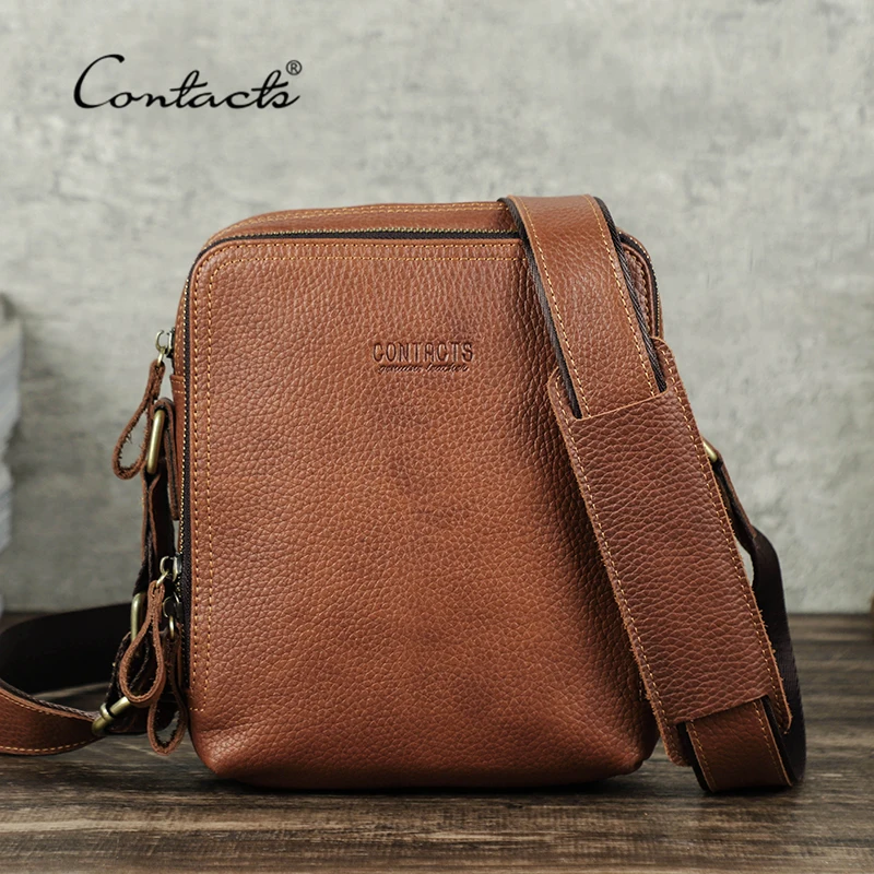 CONTACT\'S Casual Men Messenger Bags Genuine Leather Men\'s Shoulder Bag Famous Brand Design Male Bag High Quality Vintage Bolsos