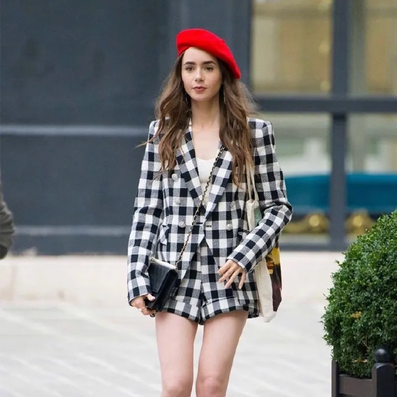 Same style as celebrities Black White Plaid 2 Piece Suits Coat + High Waist Shorts Elegant Tweed Blazers Fashion 2024 Autumn New