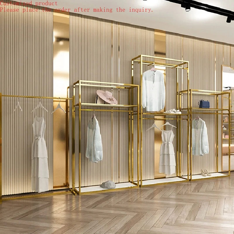 

Custom.Custom .Custom.2022 New 1.2mm Stainless Steel Garment Metal Shelf Boutique Shinny Gold Clothing Display Racks Women Store