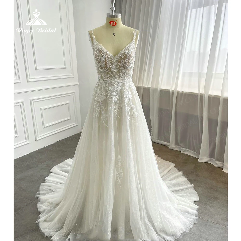 

Elegant Spaaghetti Straps Wedding Dress 2023 A-Line Lace Appliques Draped Button Train Tulle Bridal Gown Vestidos De Noiva