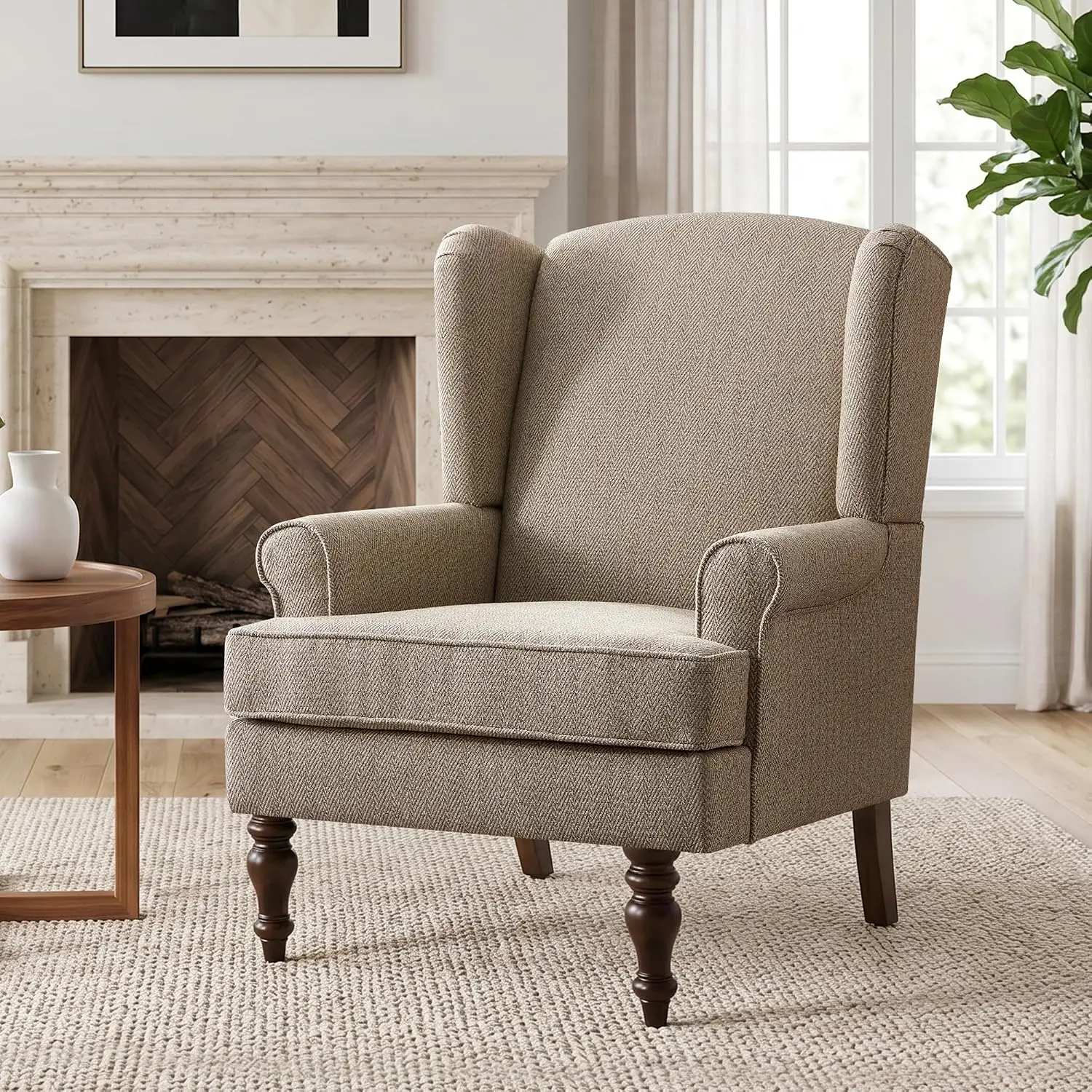 Printed Wingback Accent Chair, Linen Upholstered High Back Armchair, Comfy Reading Chair for Living Room Bedroom Study, 300lbs